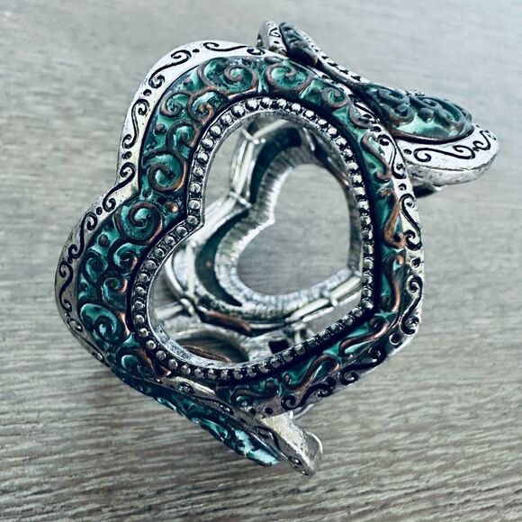 Turquoise Silver Hearts Stretch Cuff Bracelet - Picture 3 of 5